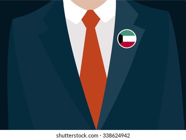 Businessman In Suit Wearing Kuwait Badge. Country flag badge closeup. Vector illustration