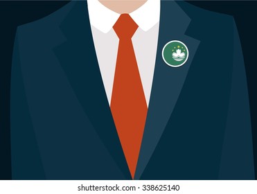 Businessman In Suit Wearing Macau Badge. Country flag badge closeup. Vector illustration