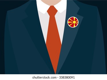 Businessman In Suit Wearing Macedonia Badge. Country flag badge closeup. Vector illustration.
