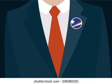 Businessman In Suit Wearing Marshall Islands Badge. Country flag badge closeup. Vector illustration.