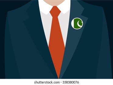 Businessman In Suit Wearing Pakistan Badge. Country flag badge closeup. Vector illustration.