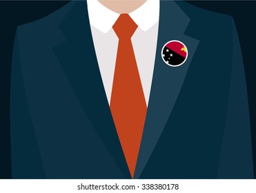 Businessman In Suit Wearing Papua New Guinea Badge. Country flag badge closeup. Vector illustration.