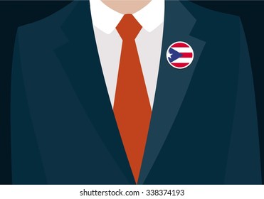 Businessman In Suit Wearing Puerto Rico Badge. Country flag badge closeup. Vector illustration.