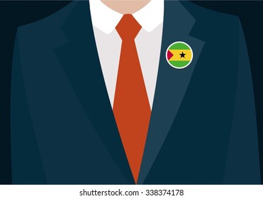 Businessman In Suit Wearing Sao Tome and Principe Badge. Country flag badge closeup. Vector illustration.
