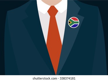 Businessman In Suit Wearing South Africa Badge. Country flag badge closeup. Vector illustration.