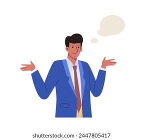 Businessman in suit wondering with speech bubbles. Surprised shocked male character design in a questioned pose. Flat cartoon isolated vector illustration