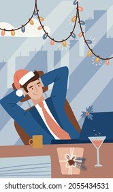 Businessman in Suit Working with Computer on Table in The Office and celebrating Happy New Year and Merry Christmas. Concept Business and Holiday. Secret Santa. Vector flat Illustration