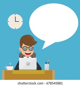 Businessman in Suit Working with Computer on Table in The Office and Speech Bubble. Concept Business Vector Illustration Flat Style.