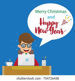 Businessman in Suit Working with Computer on Table in The Office and Speech Bubble Say Happy New Year and Merry Christmas. Concept Business and Holiday Vector Illustration Flat Style.