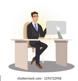 Businessman in a suit working at the computer, said.Vector image.