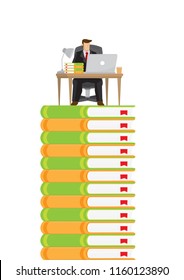 Businessman In Suit Working In His Workspace On Top Of Slack Of Books. Concept Of Getting A Successful Corporate Job Through Education. Vector Illustration. 