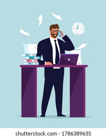 A businessman in a suit works at a laptop at the desk, a lot of papers and documents. Office worker talking on the phone, multitasking, career advancement. Flat vector illustration