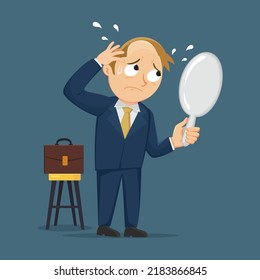 Businessman in suit worry about hair loss, illustrator vector cartoon drawing
