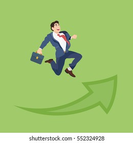Businessman with a suitcase and arrow growth. Vector illustration.