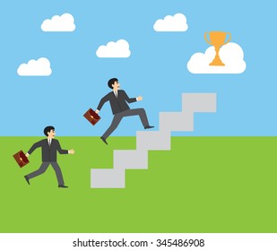Businessman  with suitcase climbing the stairs of success. Flat style vector illustration. ladder of success 