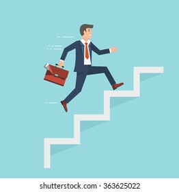 Businessman With Suitcase Climbing The Stairs Of Success. Flat Style Vector Illustration.