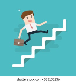 Businessman with suitcase climbing the stairs of success. Flat style 