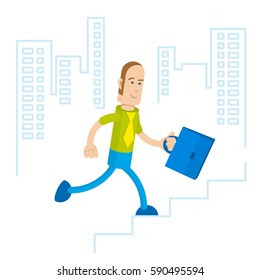 Businessman with a suitcase climbing stairs. There is a city panorama in the background. Vector illustration in 3d style.