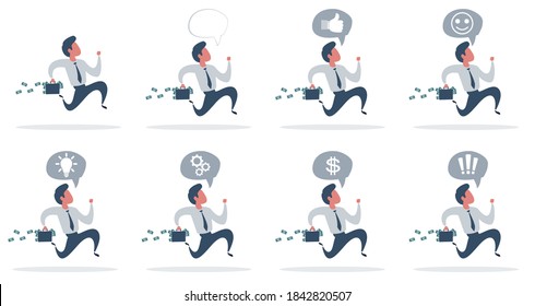 Businessman with a suitcase full of money runs forward. Business concept of Success, race, competition. Set. Vector flat design illustration.