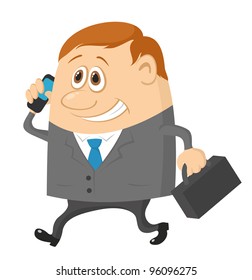Businessman with a suitcase, happy smiling and running funny cartoon character. Vector