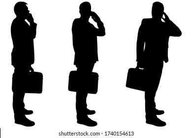 Businessman with a suitcase in his hands talking on the phone. Three men in suits are standing behind each other, in line. Social destination in the workplace. Black silhouette is isolated on a white.