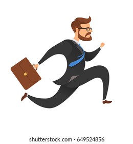 A businessman with a suitcase is in a hurry, running and jumping.