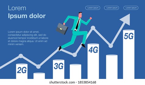 A businessman with a suitcase jumps up to the 5G sign on a schedule made up of different versions of the Internet connection. Vector illustration showing the progress of the Internet and wireless comm