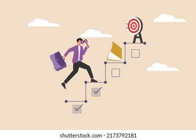 Businessman with suitcase and magnifying glass climbs up and checklists to progress to target. Colored flat graphic vector illustration isolated. 
