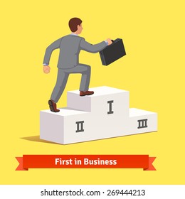 Businessman With Suitcase Making A Step To Fist Place On Podium. Climbing To Business Success Concept. Flat Style Vector Illustration.