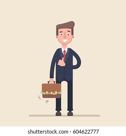 Businessman with a suitcase of money. Vector illustration in a flat style.