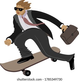 Businessman with the suitcase on the skateboard. Aspiration and movement forward.