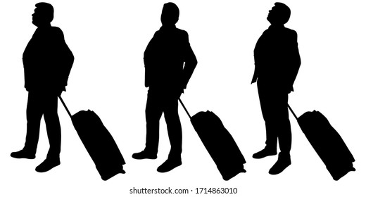 Businessman with a suitcase on wheels stands still. Man in a business suit. Three male silhouettes stand behind each other on the same line, in line. Black silhouette is isolated on a white background