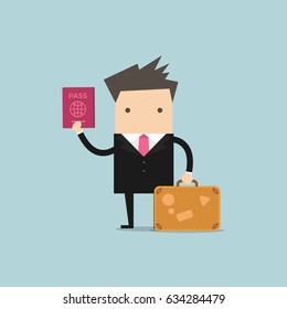 Businessman with a suitcase and passport. vector