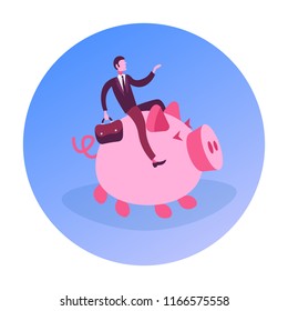 businessman suitcase riding piggy bank money investment concept business man cartoon character flat vector illustration