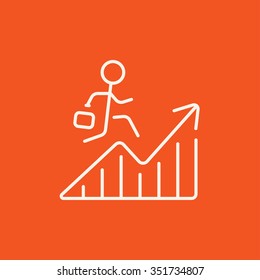 Businessman with suitcase running along the growing graph line icon for web, mobile and infographics. Vector white icon isolated on red background.