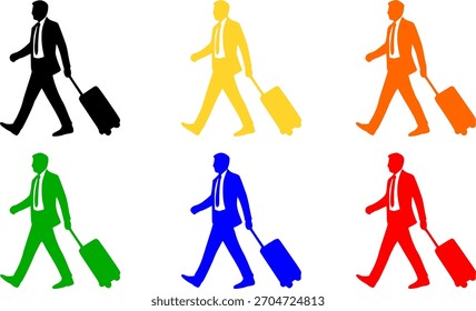 Hombre de negocios con siluetas de maleta, Vector multicolor Conjunto de Profesionales que viajan por viaje de negocios, aeropuerto, viajes Corporativas y conceptos de viaje