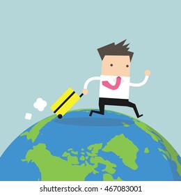 Businessman with suitcase walking around the world. vector