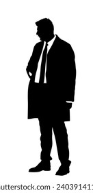 Businessman in suite and tie standing vector silhouette. Handsome business man in office work. Elegant man manager. Bodyguard observe, secret agent care president security. Event safety organisation.