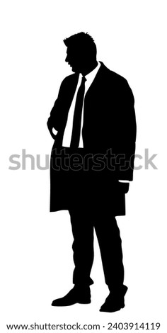Businessman in suite and tie standing vector silhouette. Handsome business man in office work. Elegant man manager. Bodyguard observe, secret agent care president security. Event safety organisation.
