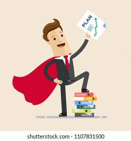 Businessman super hero and growth chart. Business plan