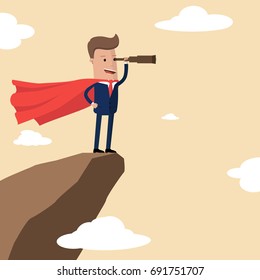 Businessman super hero on the top of the mountain looking into the spyglass. Business concept of success and search opportunities. Vector illustration