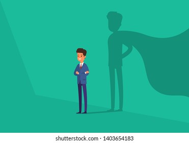 Businessman with super hero shadow. Business symbol of emancipation ambition, success and motivation of leadership, courage and challenge. Vector illustration.