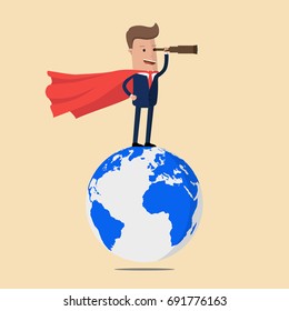 Businessman super hero standing on Earth and looking through a telescope. Business concept find the opportunity in the world. Vector illustration