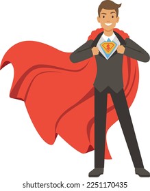 Businessman with super powers in red cape. Action superhero pose