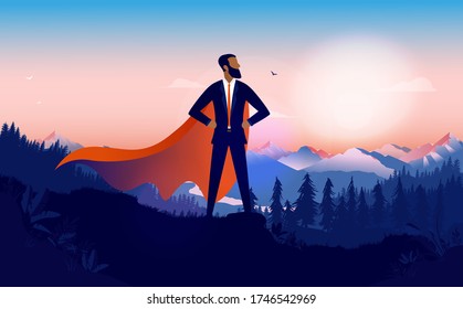 Businessman Superhero - African-American Man With Red Cape Standing Proud In Landscape Being A Brave Hero. Business Leader, Winner And Minority Success Concept. Vector Illustration.