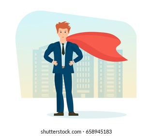 Businessman is a superhero, in beautiful business clothes on background of street city. Young men character, superhero, in full growth. Vector illustration, people in cartoon style.