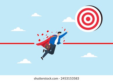 Businessman superhero breaking barriers to reach bullseye target illustrating overcoming difficulties or challenges to achieve success. Concept of determination to solve obstacles and reach goals