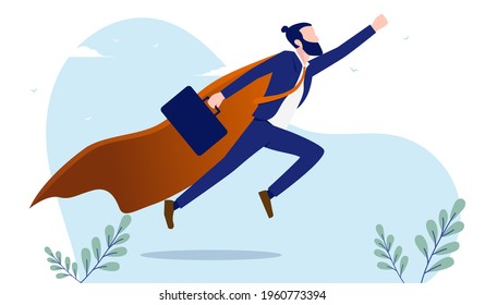 Businessman superhero - Business person flying above ground, taking off to the sky. Success and progress concept. Vector illustration on white background.