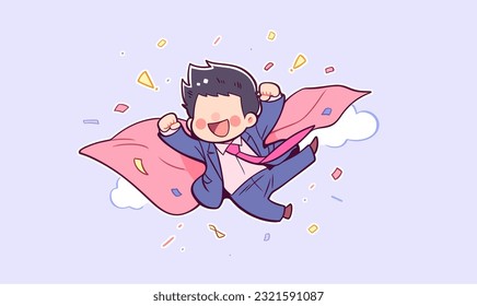 A businessman in a superhero cape flying across the sky