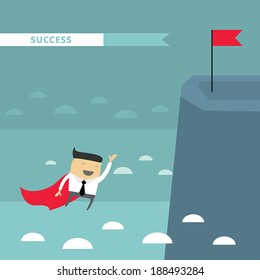 Businessman in superhero cape flying to high mountain peak. Goal achievement, business success concept. Vector illustration
